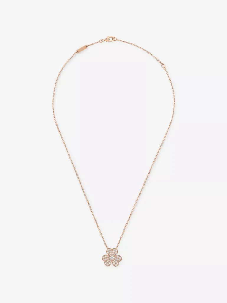 Van Cleef & Arpels Frivole pendant necklace in 18ct rose gold featuring a diamond-encrusted floral design on a fine chain.