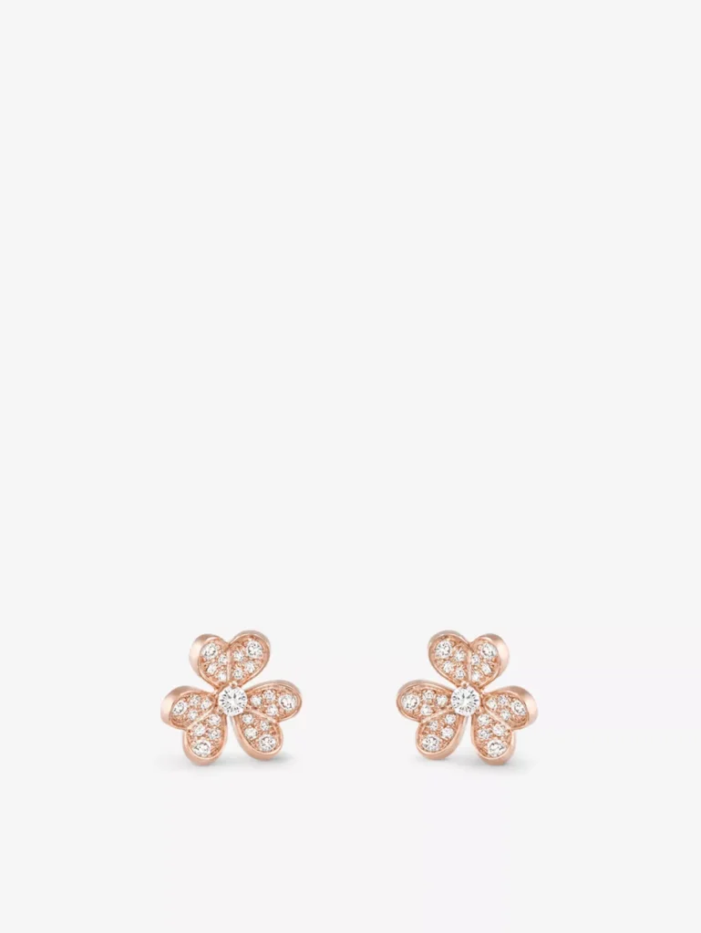 Van Cleef & Arpels Frivole diamond earrings in 18ct rose gold featuring a five-petal floral design with 50 brilliant-cut diamonds.