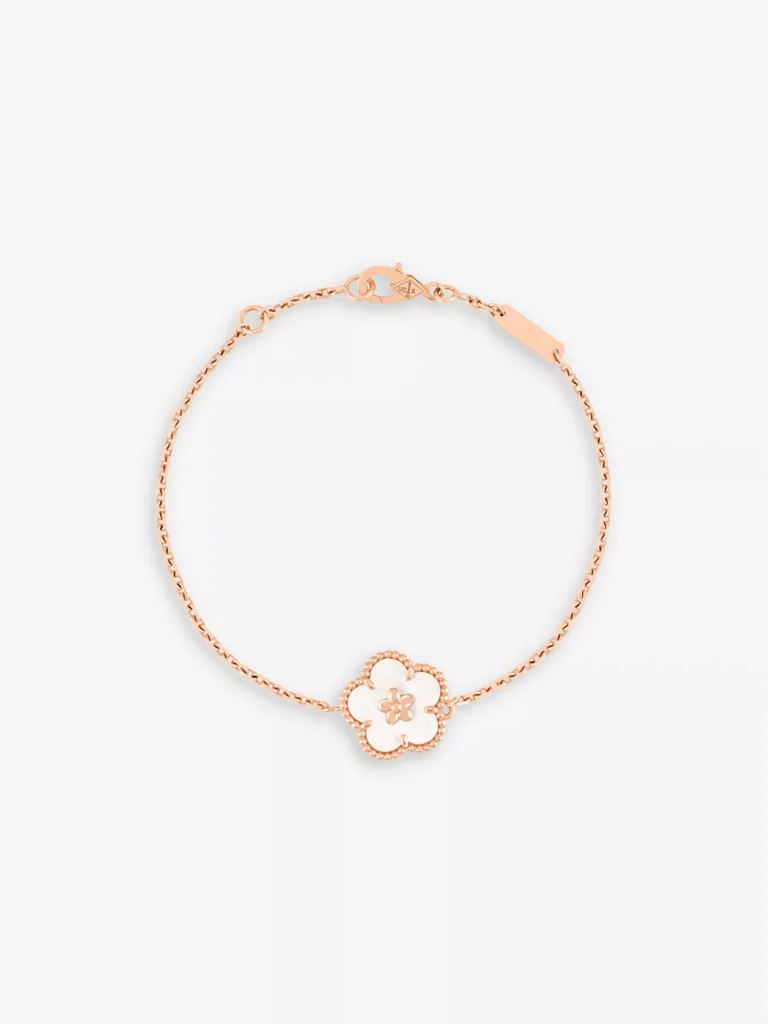 Van Cleef & Arpels Lucky Spring bracelet with plum blossom motif in 18ct rose gold and mother-of-pearl — delicate floral luxury design.