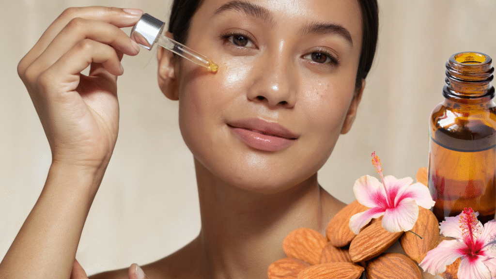 Woman applying almond oil to her face with dropper, symbolising clean beauty and natural skincare rituals