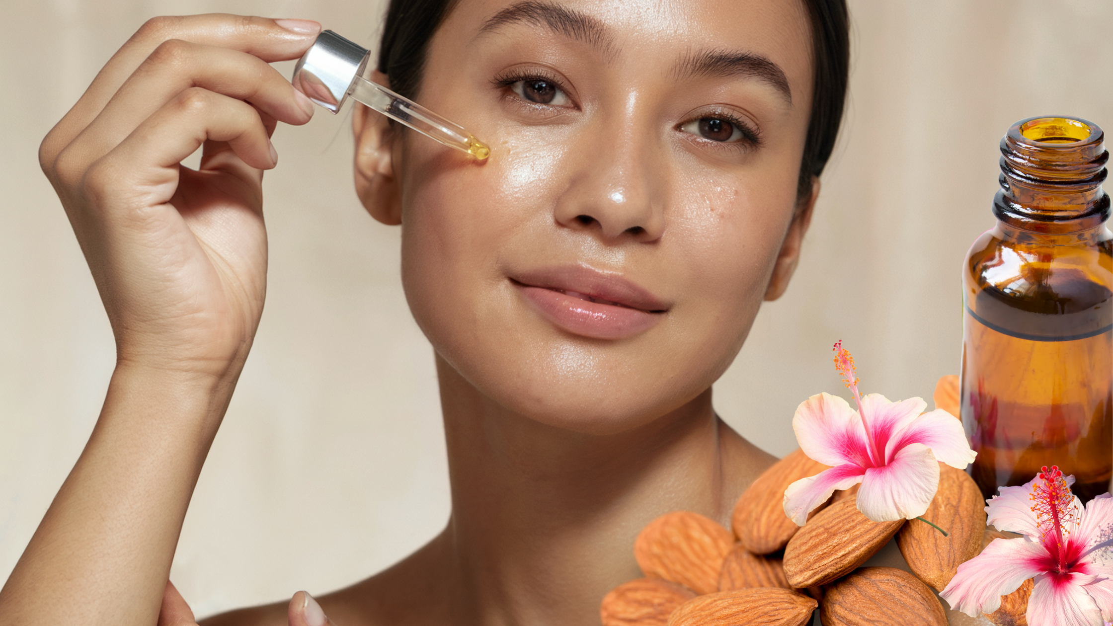 Woman applying almond oil to her face with dropper, symbolising clean beauty and natural skincare rituals