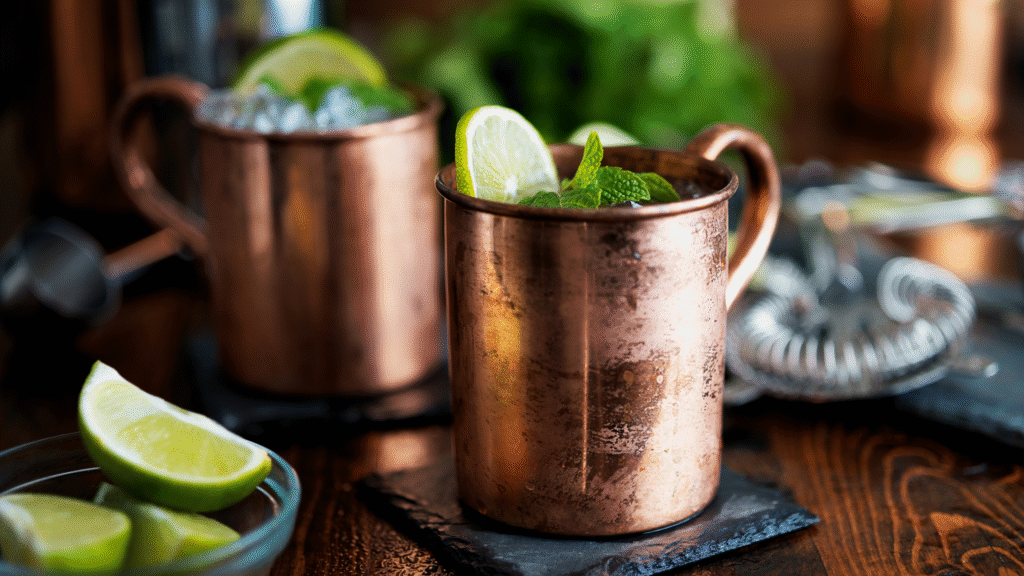 Alt Text: Copper mugs filled with a refreshing lime and mint drink on a dark wooden table, surrounded by lime wedges and bar tools.