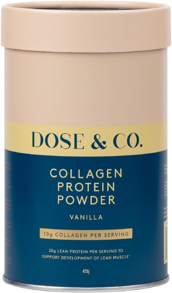 Dose & Co Collagen Protein Powder in vanilla flavour, navy and beige tub
