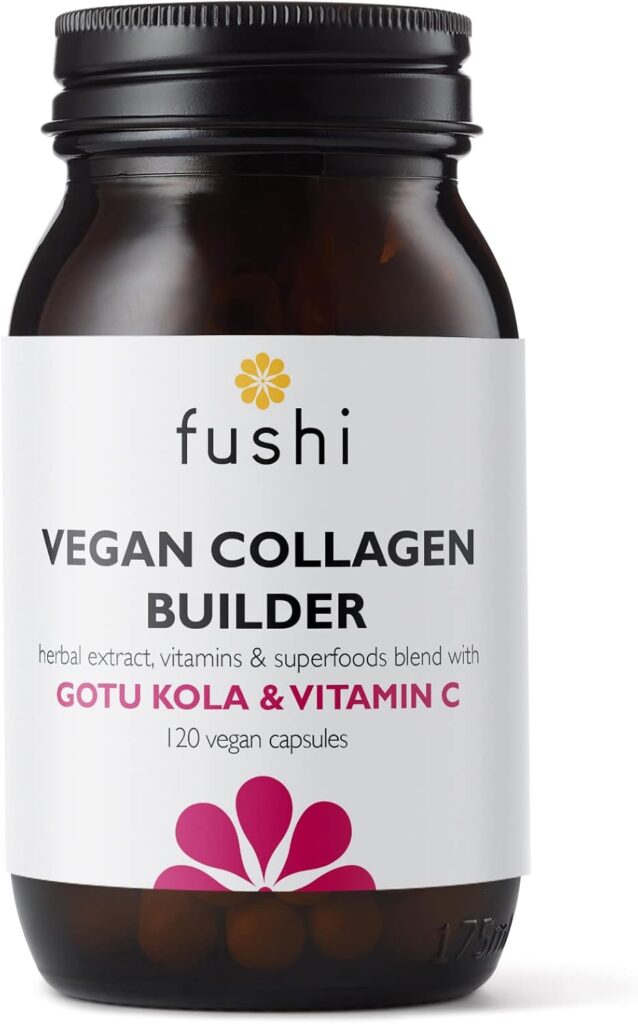 Fushi Vegan Collagen Builder in amber glass bottle with white and pink label