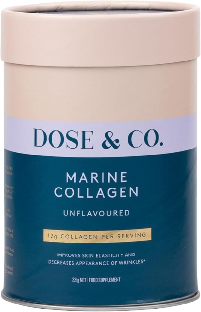 Dose & Co Marine Collagen powder in blush and navy cylindrical tub