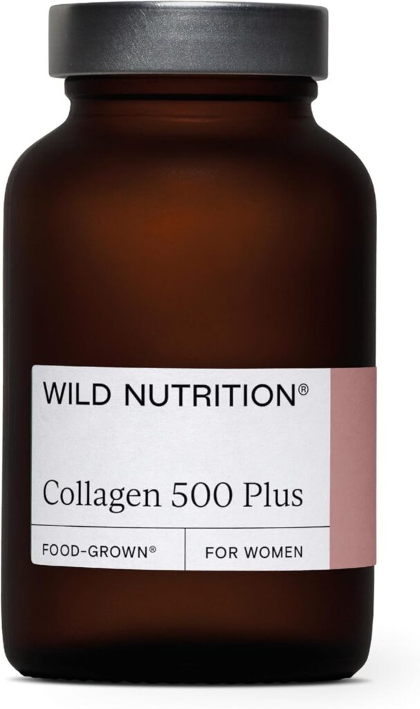 Wild Nutrition Collagen 500 Plus supplement bottle with soft pink label