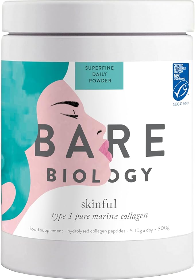 Bare Biology Skinful marine collagen powder with abstract female face design