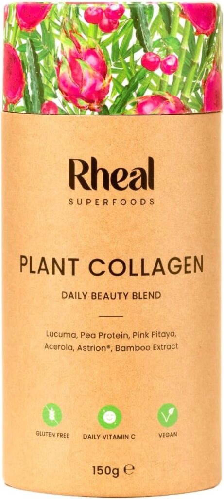 Rheal Plant Collagen powder in a kraft paper tube with colourful floral lid