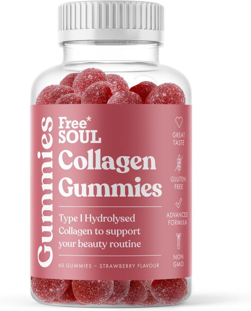 Free Soul Collagen Gummies in strawberry flavour with pink label and white lid