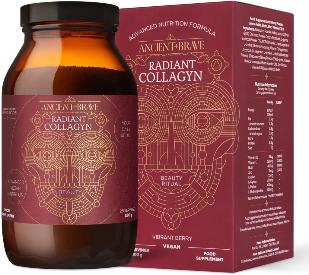 Ancient + Brave Radiant Collagyn vegan collagen supplement in amber glass jar with magenta box”