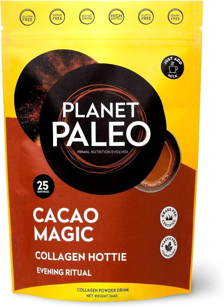 Planet Paleo Cacao Magic Collagen Hottie in vibrant orange and yellow pouch