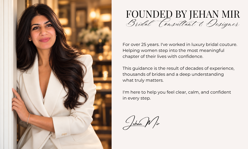 A promotional brand banner featuring founder Jehan Mir leaning against a white frame in a luxury cream blazer, paired with text outlining her 25 years of luxury bridal couture experience.