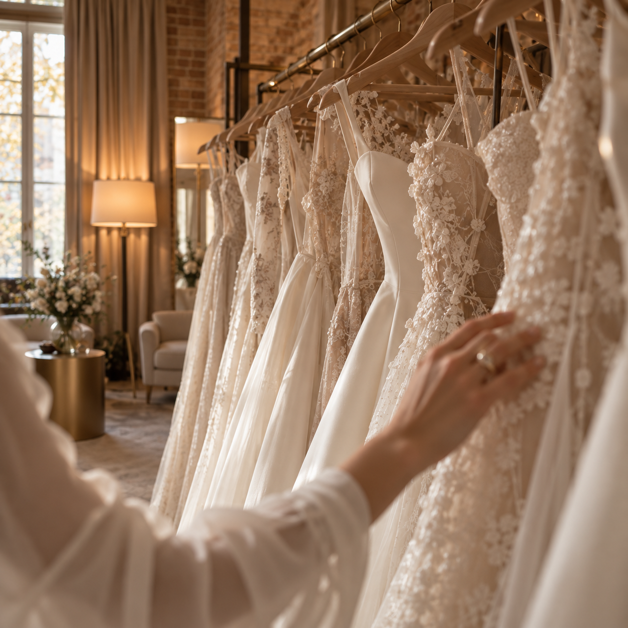A bride browsing rows of detailed lace and silk wedding gowns on a boutique rack, guided by the styling principles of Jehan Mir at Good Looks Bridal.