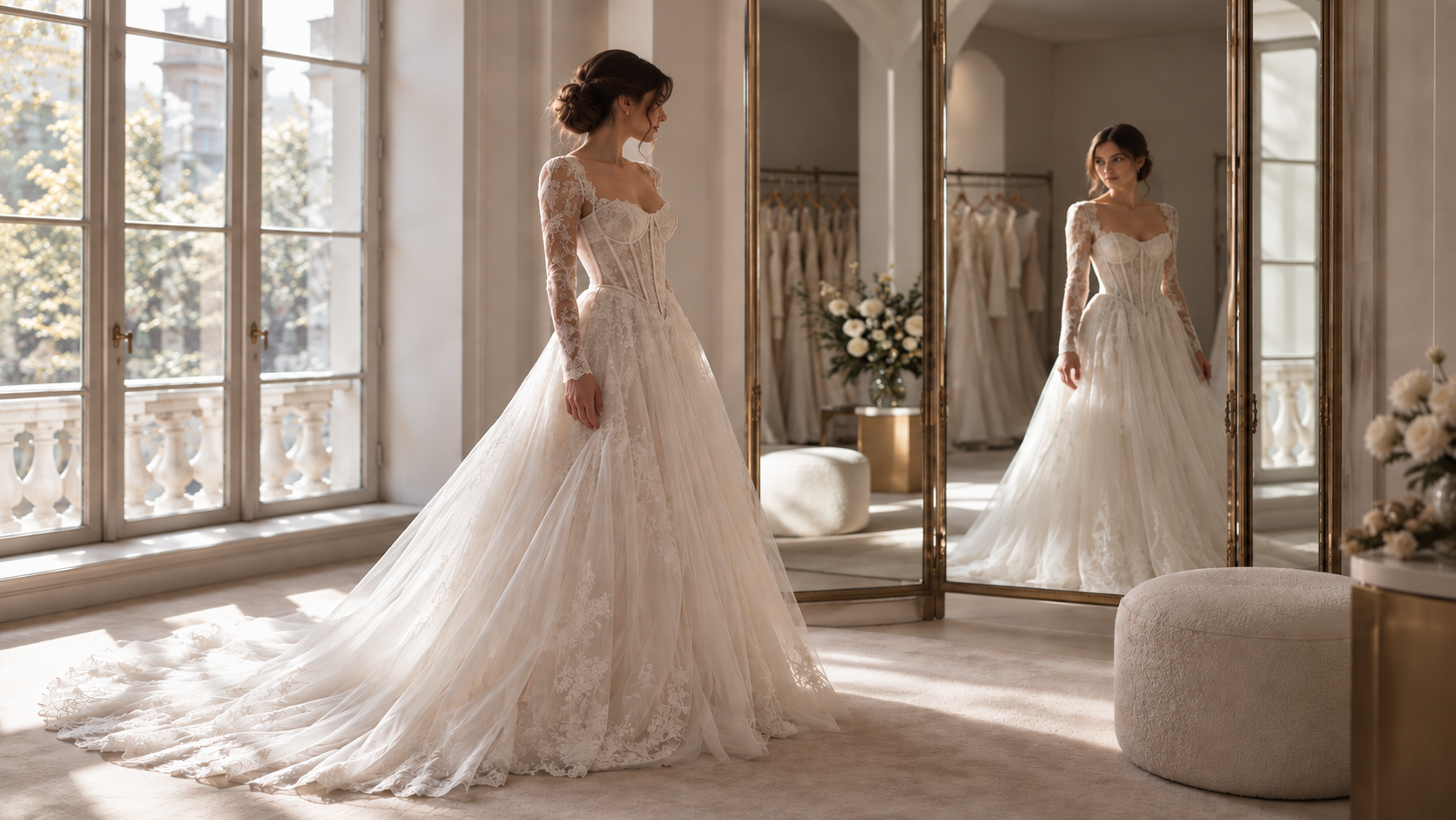 An elegant wedding gown featuring a structured Basque waist lace corset bodice. Wedding dress styling by Jehan Mir for the Good Looks Bridal guide