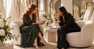 • A professional boutique consultation for Good Looks Bridal, showing a bride in a green wrap dress discussing her wedding details with a consultant.