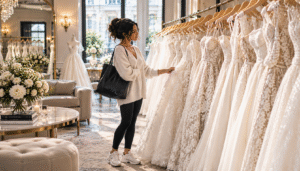 Bride looking at wedding gowns in a luxury bridal boutique.